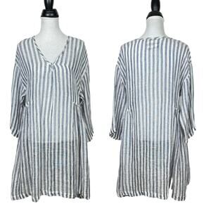 Namsar | S/M Blue & White Stripe 100% Linen Tunic Dress Swim Coverup w POCKETS